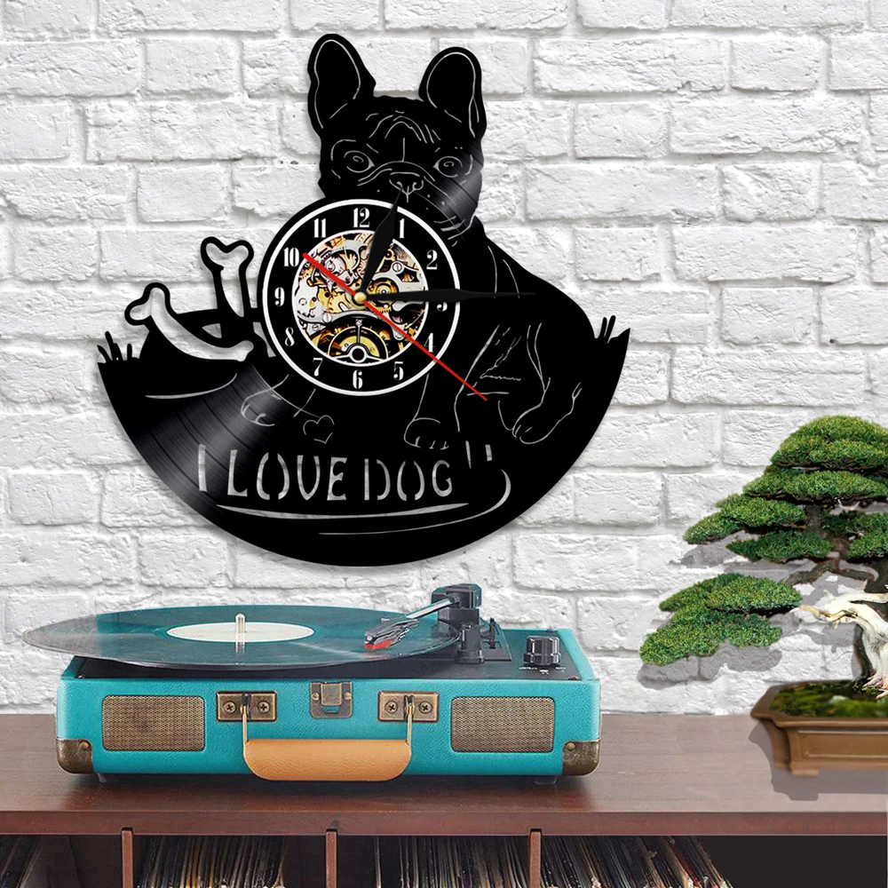1 шт I Love Dog Французский бульдог дом животное виниловая запись настенные часы домашнее животное щенок животные настенные часы художественные часы подарок для украшения дома