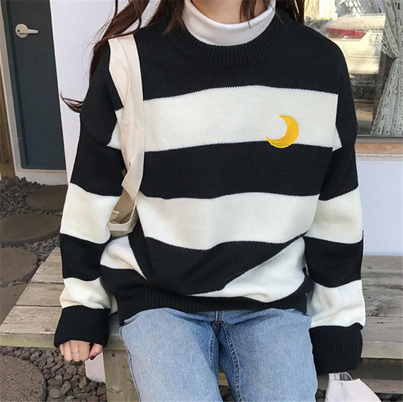 Женский свободный свитер Kawaii Ulzzang колледжа ярких цветов в полоску с Луной наборы