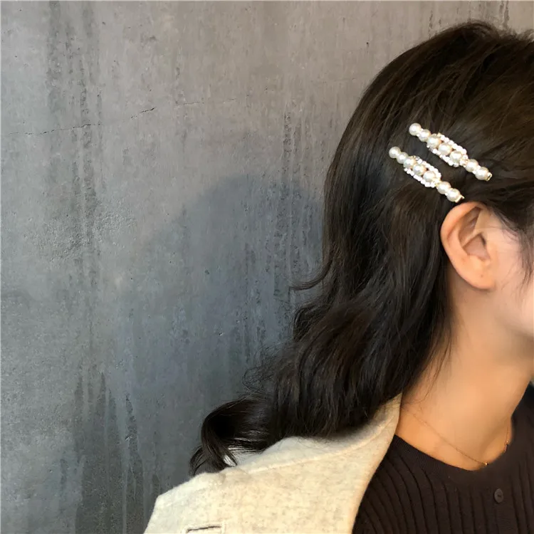 

2 pcs Shining Rhinestone Imitation Pearl Long Barrettes For Women Fashion Trendy Hair Clips Hair Accessories Korea Hairgrips