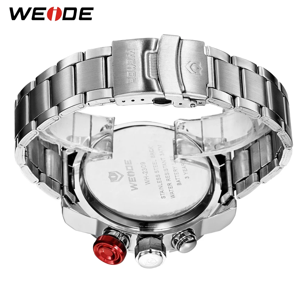 WEIDE Роскошные Серебряные Часы Из Нержавеющей Стали Мужские Кварцевые Цифровой СВЕТОДИОДНЫЙ Двойной Движение Сигнализации Авто Дата Водонепроницаемый Мода Повседневная Часы