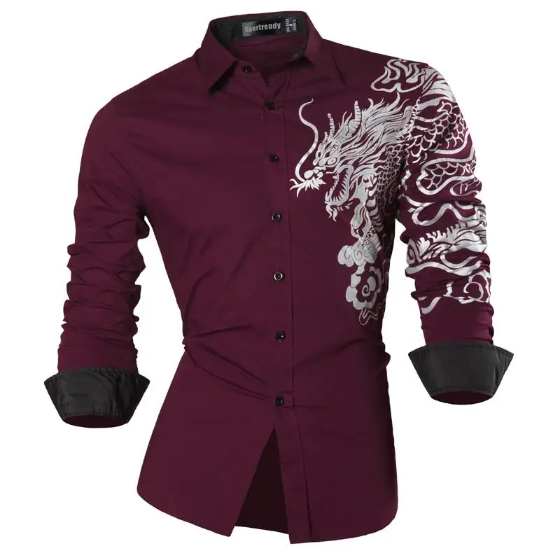 JZS041-WineRed Sportrendy Мужская рубашка платье повседневное с длинным рукавом Slim Fit Мода Дракон стильный JZS041 - Цвет: JZS041-WineRed