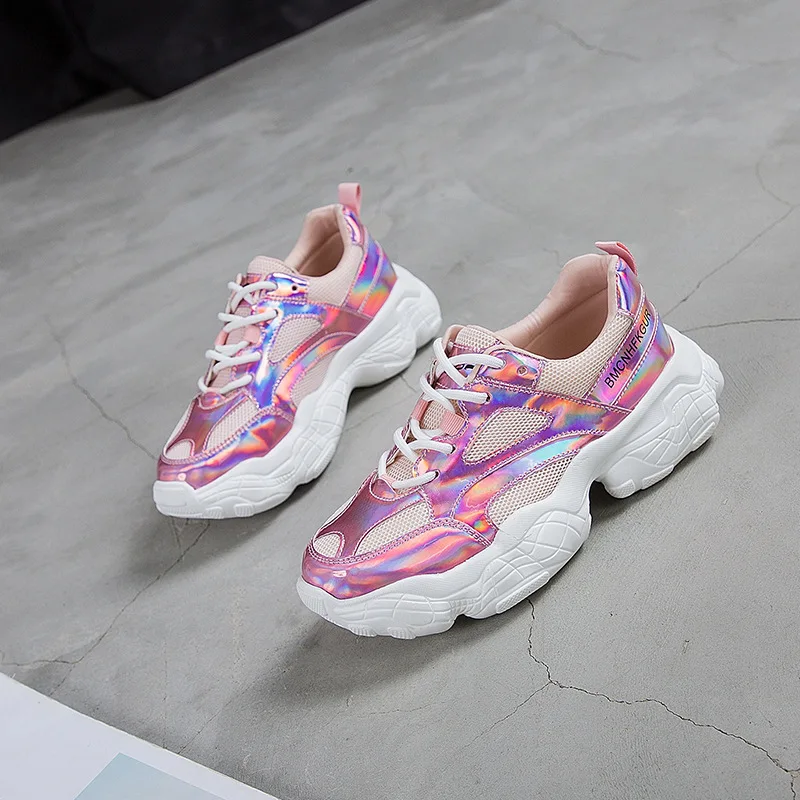 Повседневная обувь; женские кроссовки на массивной платформе; chaussures femme; сезон весна; Новинка; zapatos de mujer; цвет розовый; Женская обувь в стиле пэчворк; Цвет Серебристый