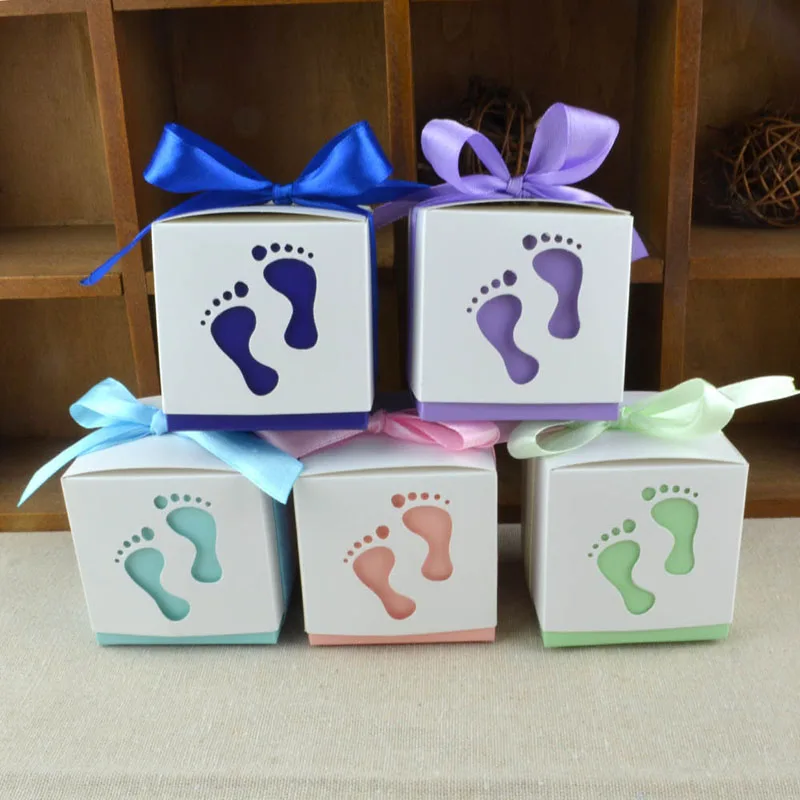 

50pcs Gift Box Footprint Candy Box Footmark Birthday Party Baby Shower Favor Paper Gift Boxes with Ribbon Wedding Decoration