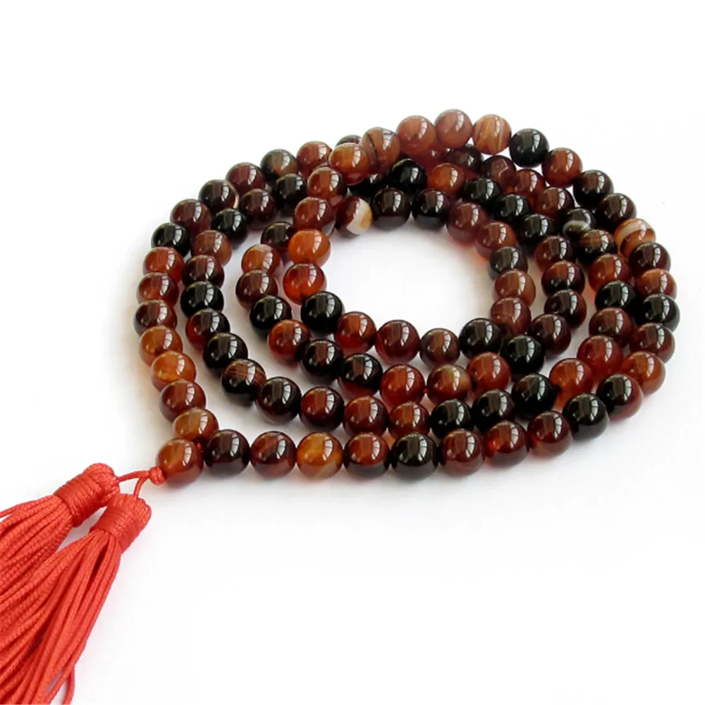 

Natural 8mm Black Red Onyx Dreamy Onyx 108 Beads Prayer Bracelet or Necklace Red Tassel Sweater Chain Female Jewelry Wholesale