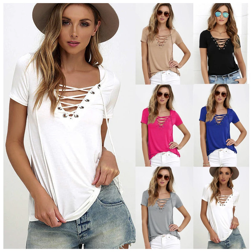 Новинка весна лето женская футболка на шнуровке с вырезами открытыми плечами