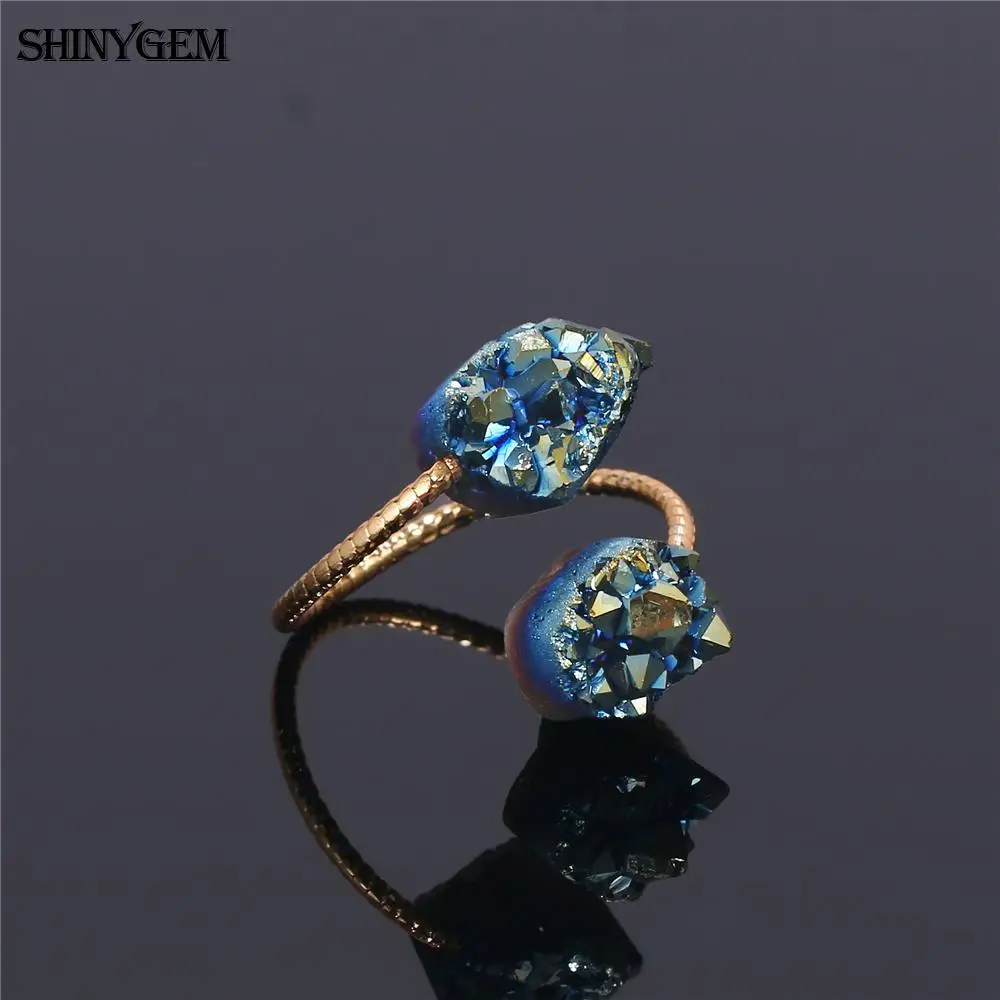 ShinyGem,, Винтажное кольцо с золотым покрытием, необычное двойное кольцо с друзами, кольца с регулируемым натуральным камнем для женщин, 5 шт./лот