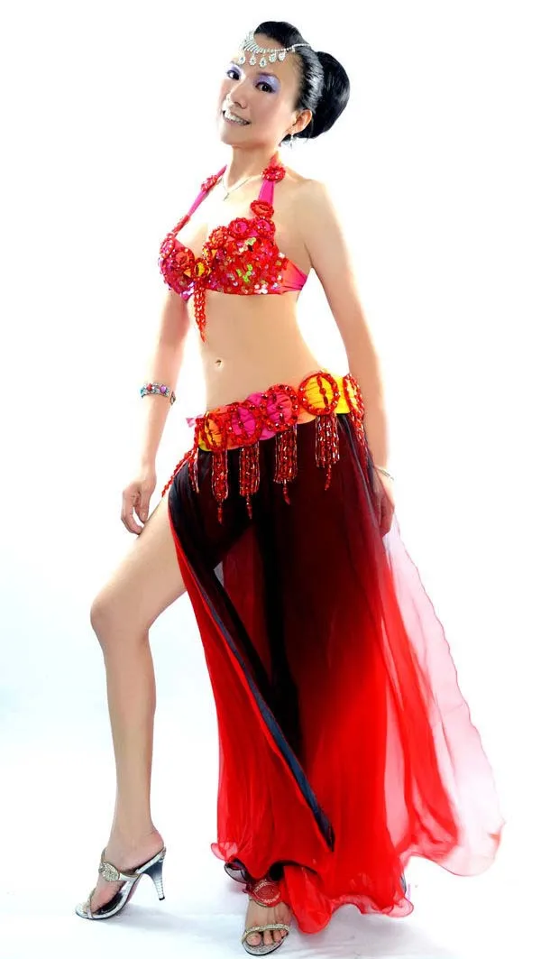 Профессиональный индийский костюм для танца живота 3 предмета бюстгальтеры пояс