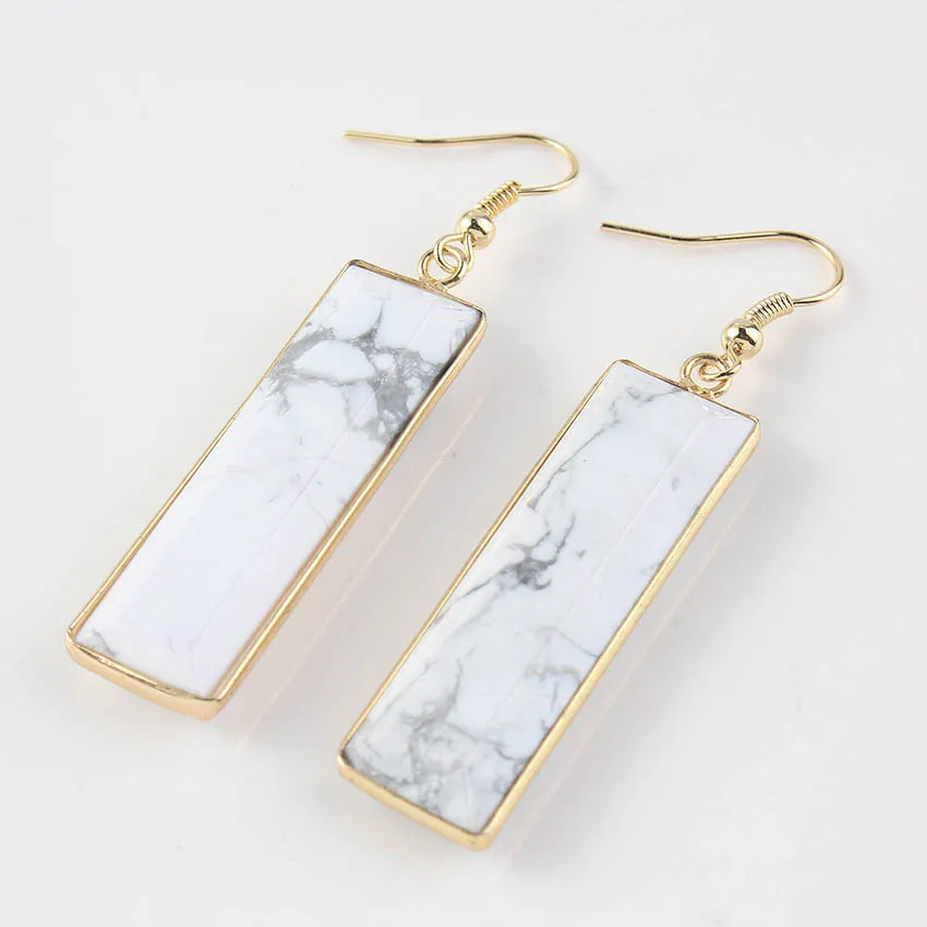 

100-Unique 1 Pair Light Yellow Gold Color White Howlite Stone Section of Rectangle Earrings Elegant Women's Earring