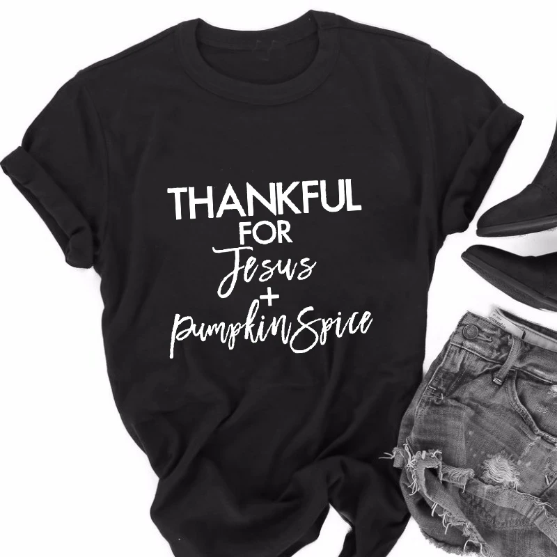 Летняя стильная качественная хлопковая футболка с надписью Thankful For Jesus and Pumpkin Spice