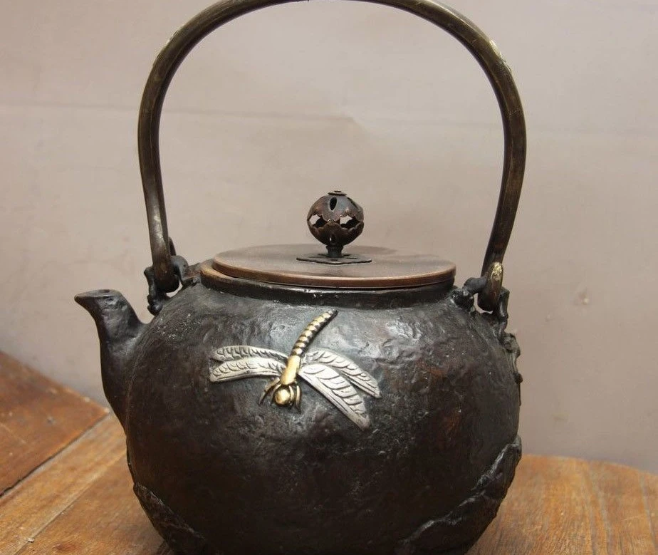 Archaic японский старый железный Серебряный позолоченный Стрекоза Лягушка Flagon