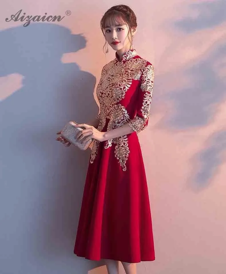 Красное традиционное китайское свадебное платье Qipao женская розовая одежда мода для девочек Cheongsam хлопок А-силуэт плюс размер вечерние платья