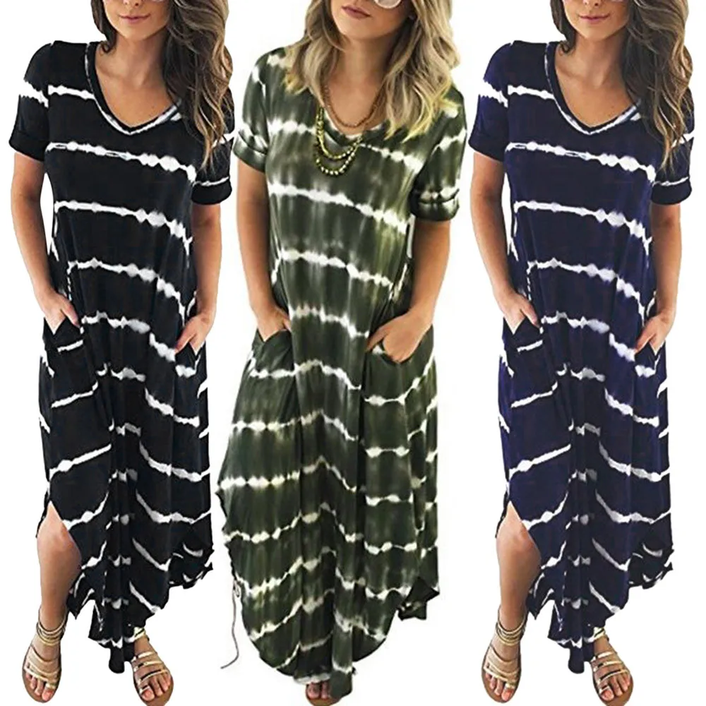 2019 Летнее Длинное Платье женское шикарное Стильное повседневное Полосатое