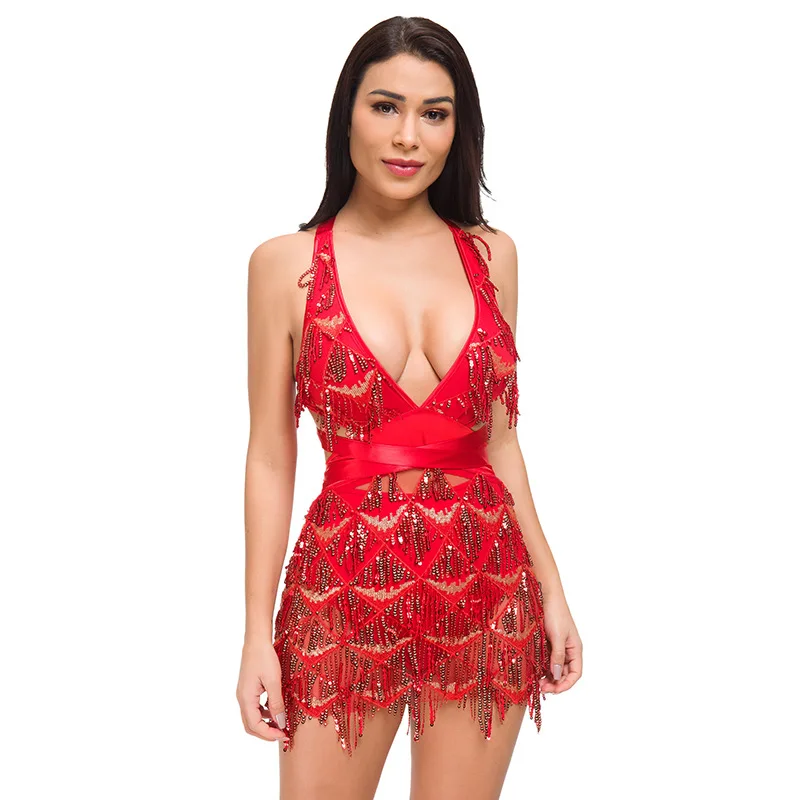 Женское сексуальное мини платье с бахромой и V образным вырезом для летнего