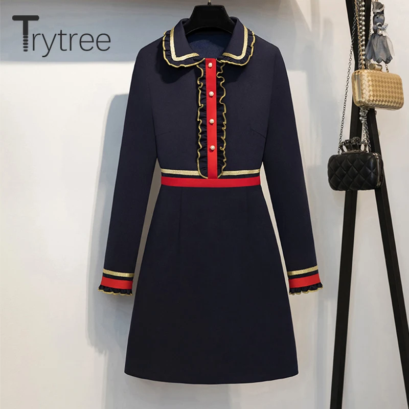 Trytree, летнее платье с оборками, повседневное, полиэстер, пэчворк, мини, для женщин, платья, Питер Пэн, воротник, для офиса, леди, повседневное, прямое платье