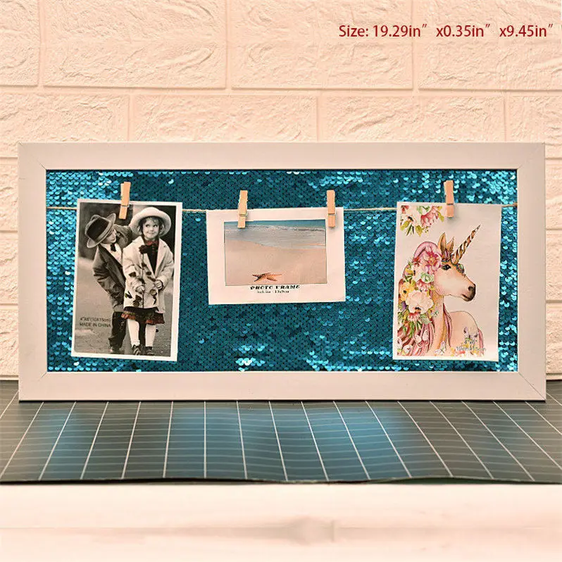Size19.2x9.4 Blue Nature Solid Simple Wood Frame Diy Sequined Background Photo Frame Modern Family Baby Couple Picture Display Wall Decoration - Цвет: Size19.2x9.4 Blue