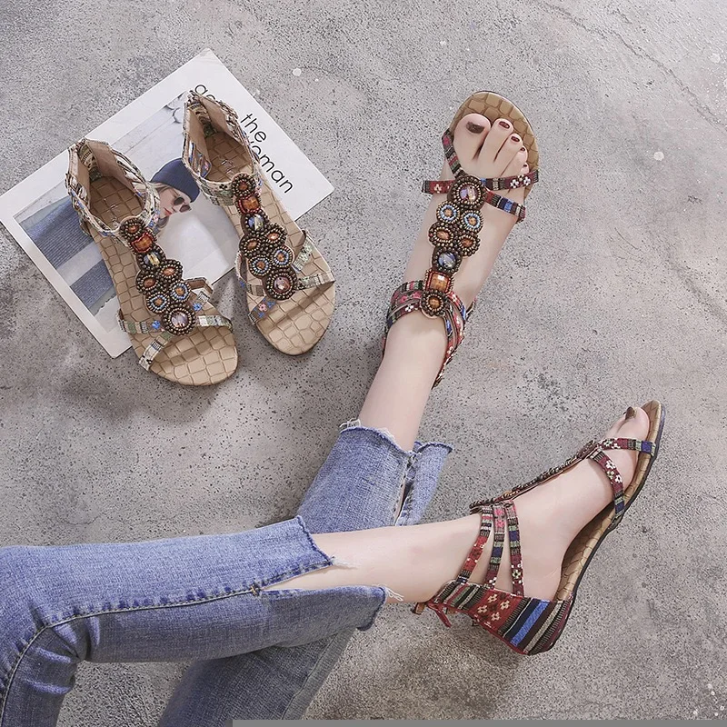 Новые сандалии на плоской подошве женская пляжная Летняя обувь в богемном стиле