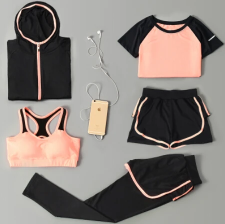 5 piece set 2 Женская Спортивная одежда для улицы, комплект из 5 предметов, футболка с длинным рукавом+ сексуальный бюстгальтер+ шорты+ штаны+ пальто, быстросохнущая одежда для йоги, женская одежда для фитнеса, спортзала - Цвет: 5 piece set 2