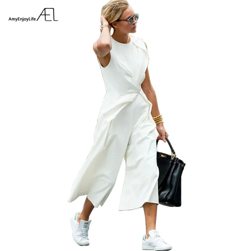 AEL White Ankle-Length Pants Empire Waist Asymmetrical Vest Conjoined Pants 2017 Casual Fashion Women Clothing Elegant Slim
