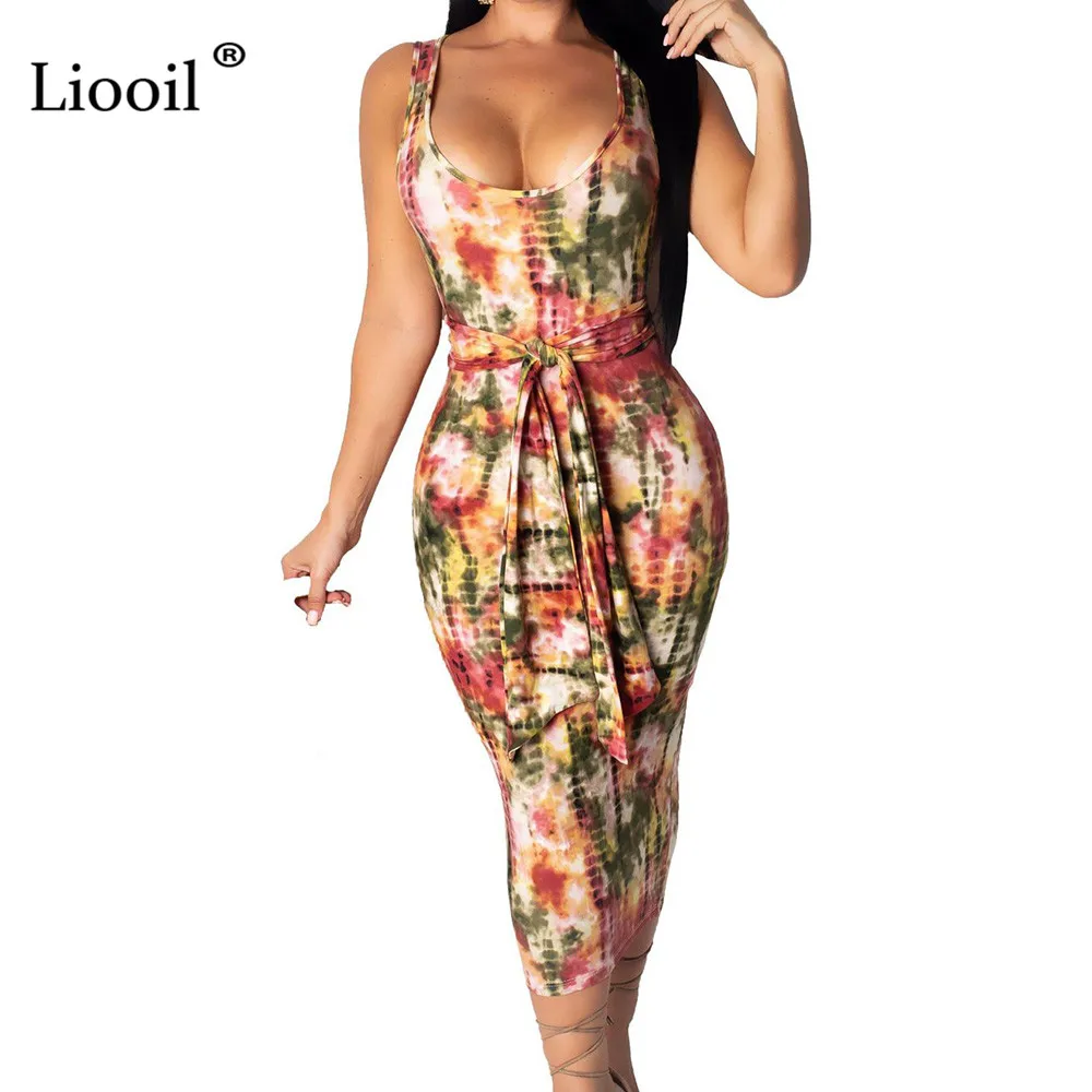 Многоцветный Liooil Tie Dye Midi платье Сексуальная Клубная одежда летняя одежда для женщин Новое поступление плюс размер облегающие платья женские вечерние ночные - Цвет: Многоцветный