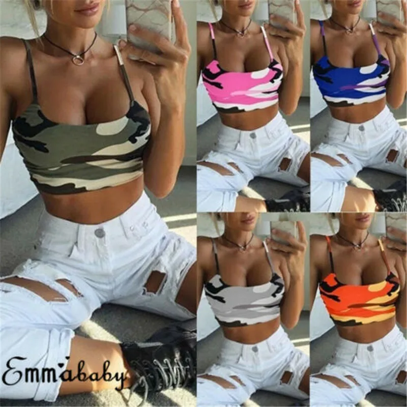 Женский сексуальный летний Камуфляжный топ на бретельках без рукавов спортивный