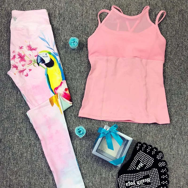 Parrot flower set Спортивный костюм в стиле ретро с цветочным принтом, одежда для фитнеса, женский спортивный костюм, женский сексуальный комплект для бега, йоги, спортивный топ, леггинсы - Цвет: Parrot flower set