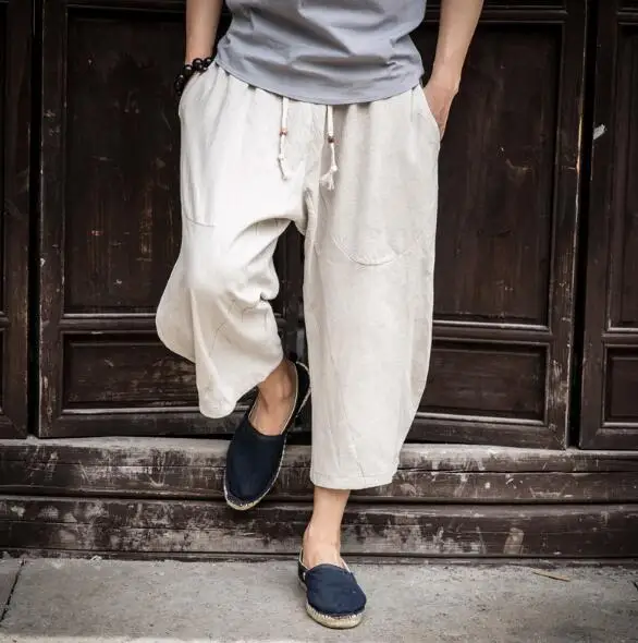 Хаки Man Linen Cropped Cross Pant Trouser Men Casual Wide-Legged Bloomers Summer Male Traditional Nepal Trousers - Цвет: Хаки