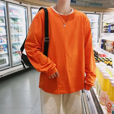 orange Однотонная корейская модная мужская футболка большого размера с круглым вырезом, Повседневная Свободная уличная футболка с длинным рукавом в стиле хип-хоп, Мужская футболка, 6 цветов - Цвет: orange