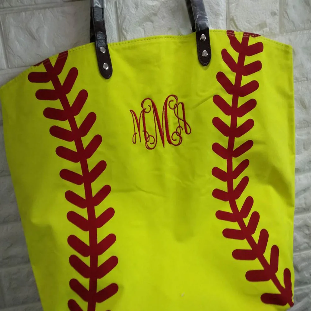 Yellow Softball Canvas Tote Bag Mom Purse Handbag With Interizor Zipper Pocket Quality Promised |