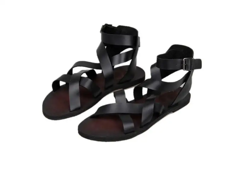 

Men's Gladiator leather Sandals Summer Boots Burgundy Italian Strap Beach Breathable Flat Black Roman Shoes Open Toe Runway