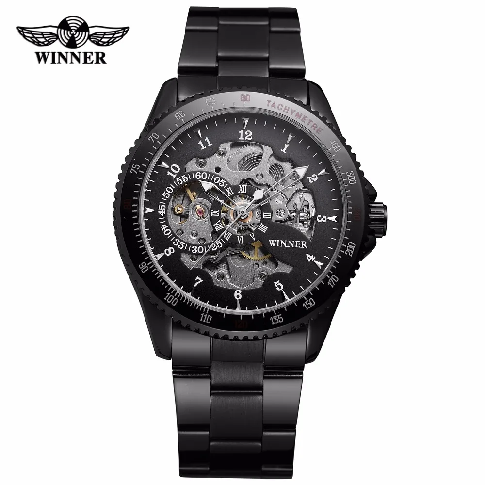 

Black Skeleton Automatic Mechanical WristWatch Stainless Steel Band Winner Nice Xmas Gift Wholesale Price A387