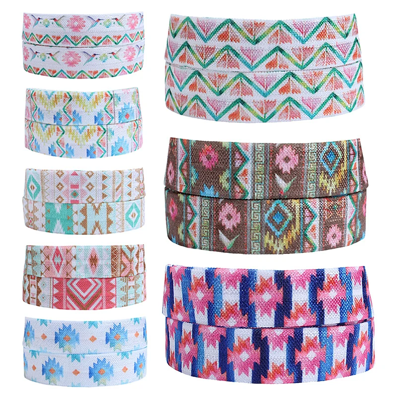 

(50 yards/lot) Flora Ribbons 5/8" thermal transfer printing geometric patterns fold over elastic