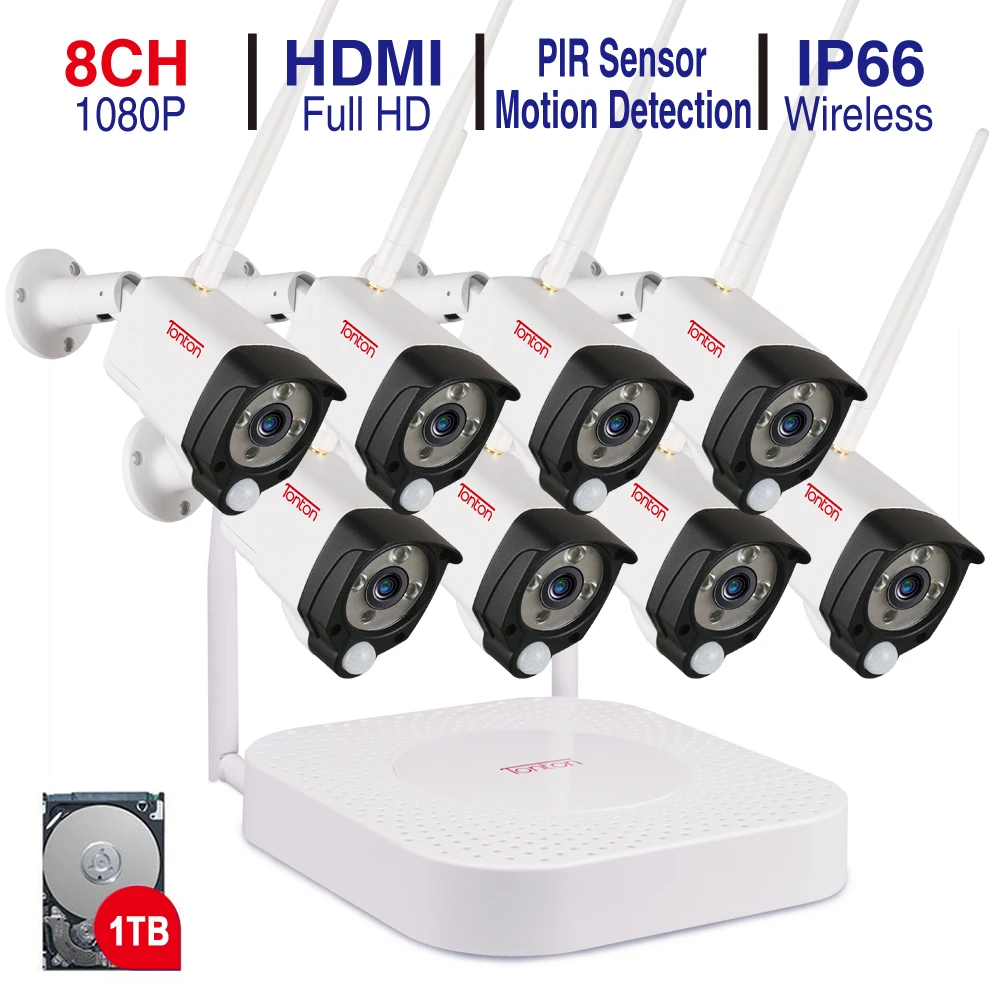 Tonton 1080 P Беспроводная система видеонаблюдения 2 м 8ch HD Wi Fi NVR комплект Открытый ИК