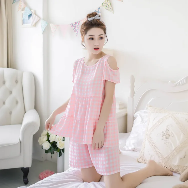 Light Orange Pajamas Летняя Клетчатая Пижама с открытыми плечами, 3 цвета, пижамный комплект для женщин и девочек, шорты с эластичной резинкой на талии, Хлопковая пижама для отдыха, пижама S87105 - Цвет: Light Orange Pajamas