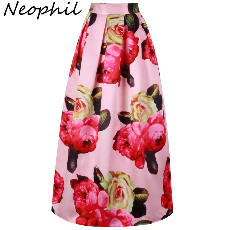 

Neophil Flower Pink Floral Print High Waist Ball Gown Muslim Maxi Long Floor Skirts Satin Vintage 2022 Summer Jupe Femme MS07036