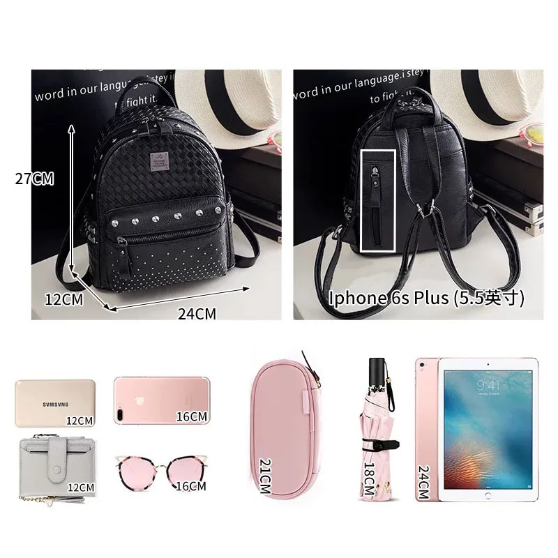 Милый кожаный рюкзак 2018 Модный черный тканый с заклепками для девочек дорожный