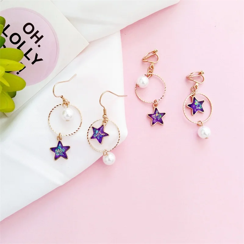 3* Japan and South Korea simple geometric metal ring simulation pearl pendant earrings star asymmetric ladies ear clip | Украшения и