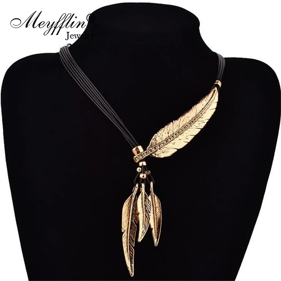 Collier Femme plume colliers et pendentifs corde en cuir Vintage Maxi Colar pour déclaration Collier