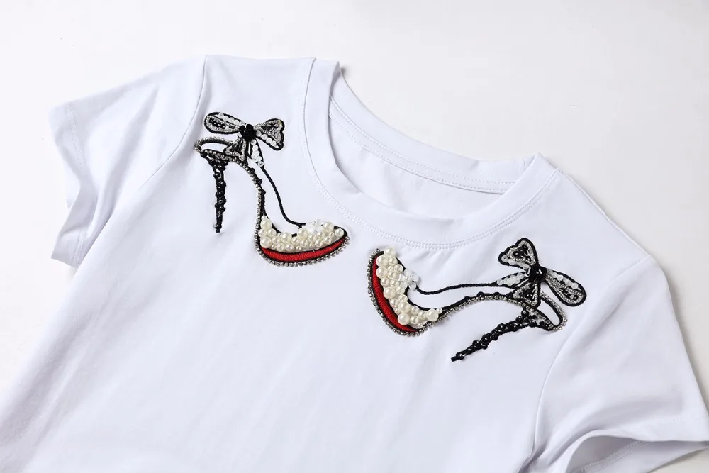 

IZEVUS Summer New Slim Fit Women T-shirts Cotton O-neck Beading High Heels Ladies Shirt Short Sleeve Casual Woman Clothing Tops