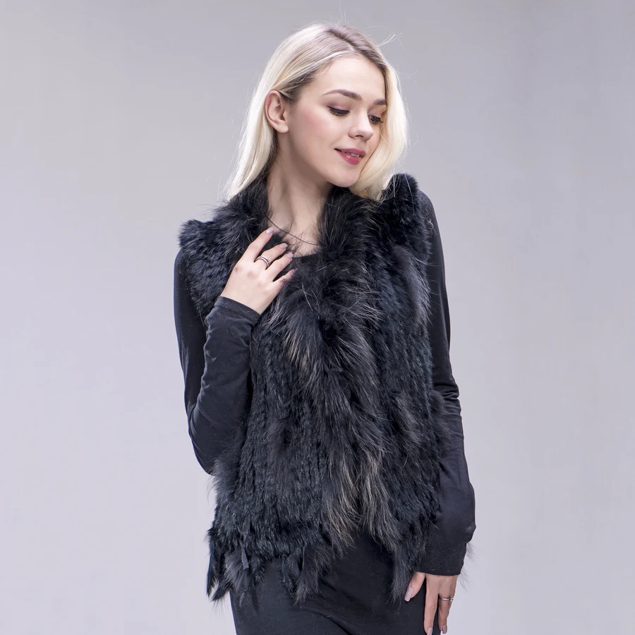 ZDFURS* вязаный жилет из кроличьего меха, меховой воротник из енота, вязаный жилет из кроличьего меха, жилет - Цвет: black