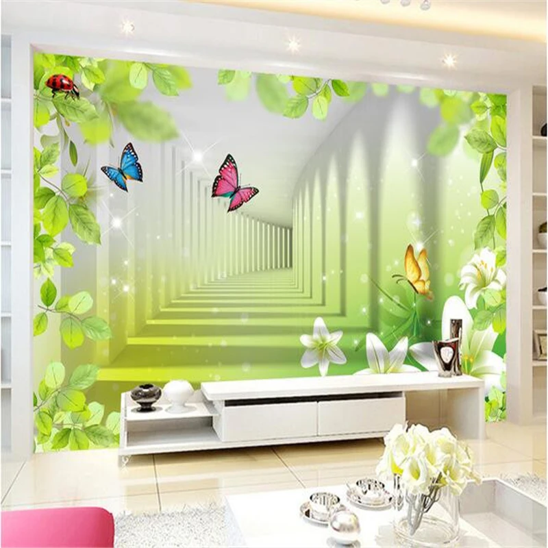 

beibehang custom mural wall papers home decor 3d room wallpaper TV backdrop green leaf lily butterfly photo 3d murals wallpaper