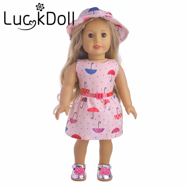 LUCKDOLL Платье с принтом шляпа и пояс подходят 18 дюймов Американский 43 см BabyDoll