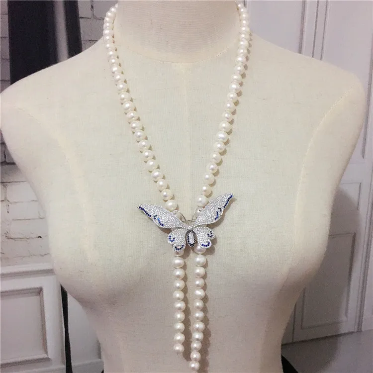 Hand knotted 7-8mm nearly round natural white freshwater pearl necklace long sweater chain butterfly accessories fashion jewelry | Украшения