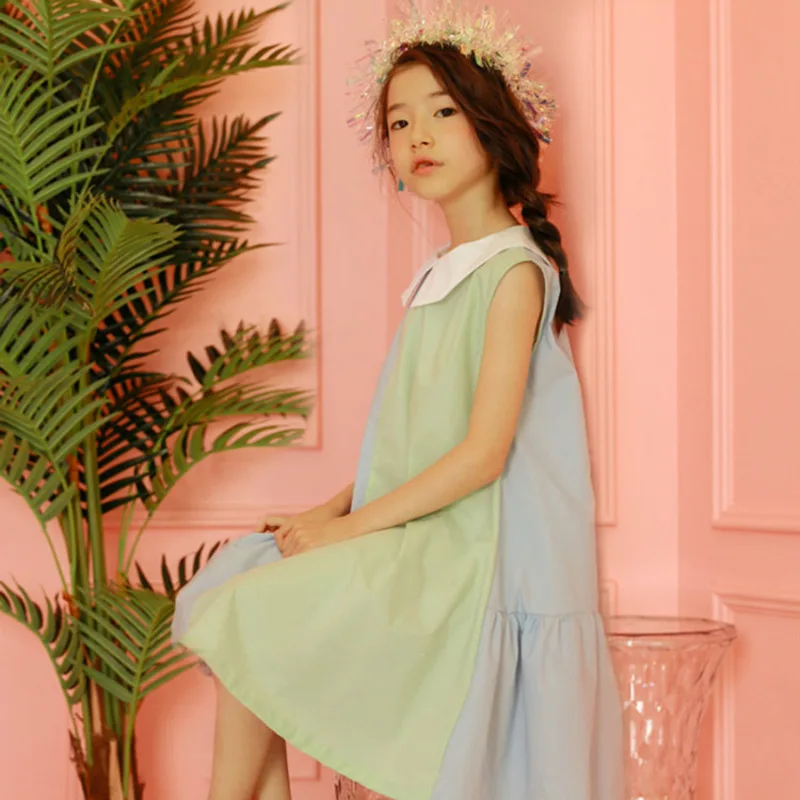 Новинка 2019 Красивое Летнее платье для девочек цветное лоскутное без рукавов с