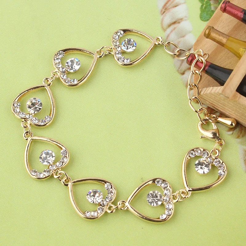 Free shipping New Women/Lady's fashion Yellow Gold Color Heart Clear Austrian Crystal Bracelets &amp Bangles Jewelry Wholesale |