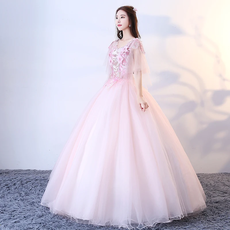 Шампанское Quinceanera платья для женщин Бальные халат с рукавами до локтя Vestidos De 15 Anos аппликации цветы сладкий 16 15 лет