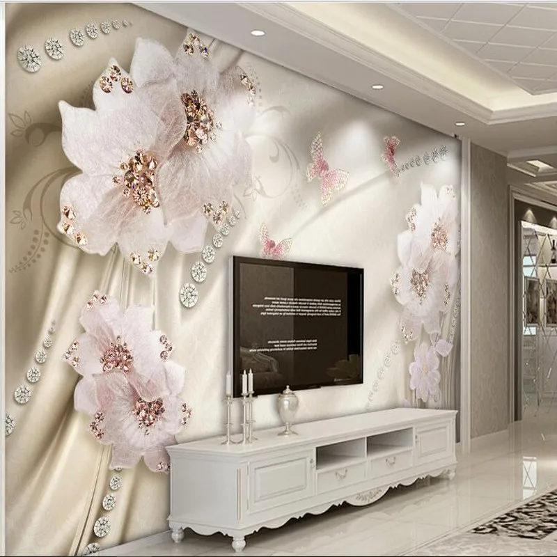 

beibehang Custom large fresco luxury diamond flowers 3d jewelry TV backdrop nonwovens super green wallpaper papel de parede