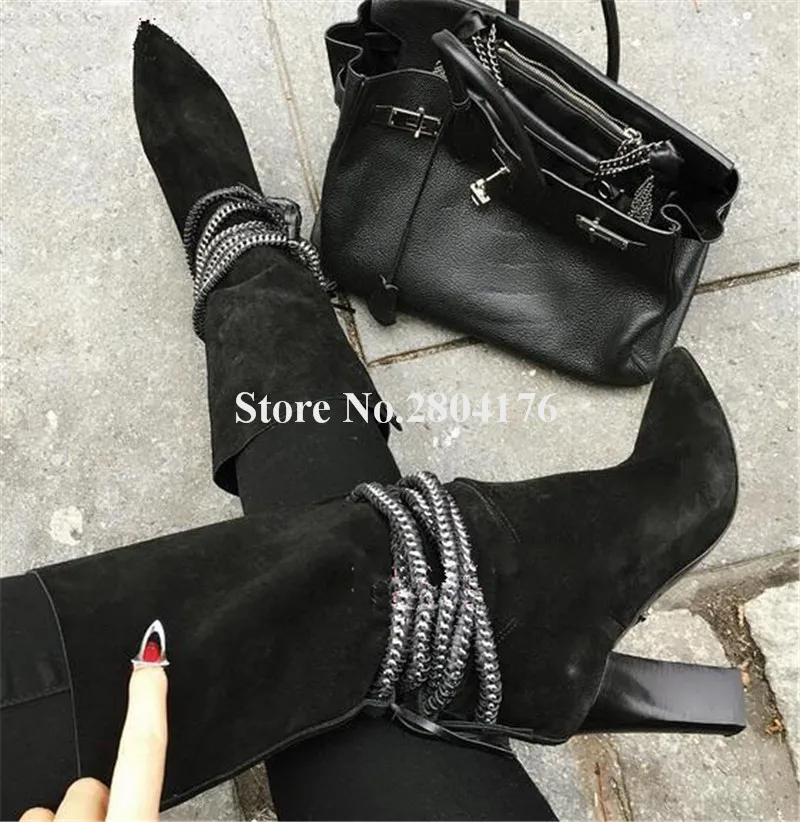 Новые модные женские замшевые кожаные ботинки с острым носком на массивном
