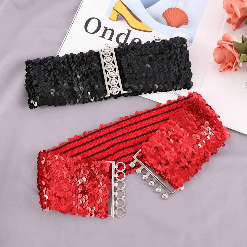 

HOT Sale Ladies Waistband Charms Women Elastic Sequin Belly Waist Belt Casual Stretch Belt Buckle Corset Wide waist belts ladies