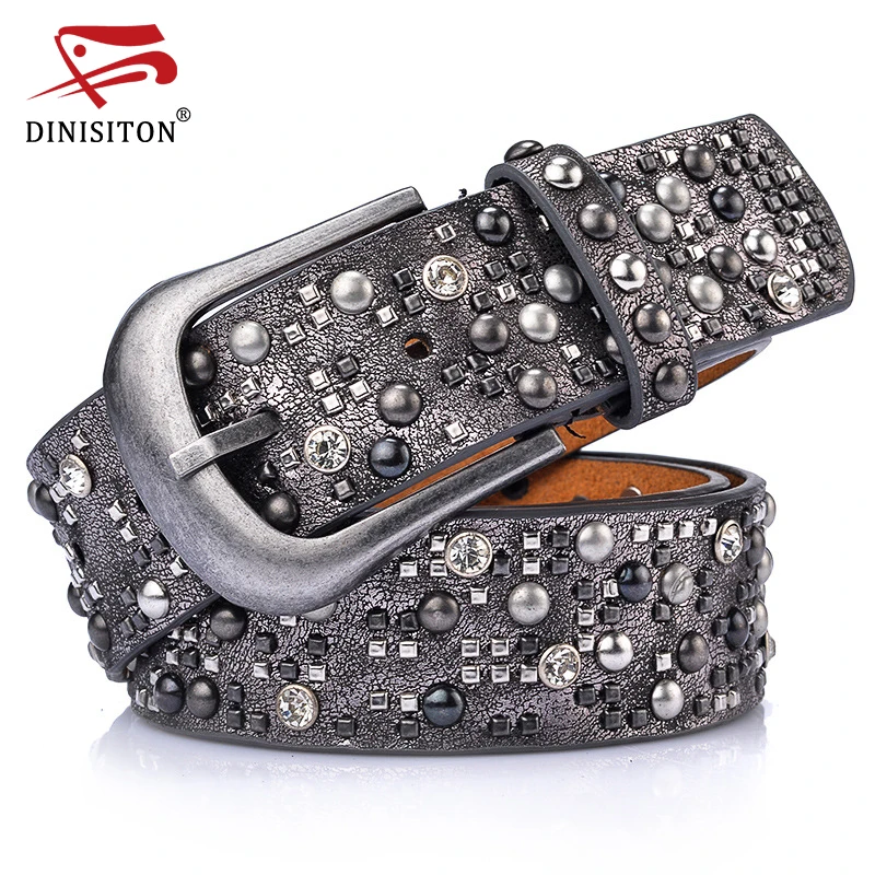 DINISITON Rivet Belt  Fashion Rhinestone Men&Women's Studded Belts High Quality Male Leather Rock Women Strap  Hip Hop CM002