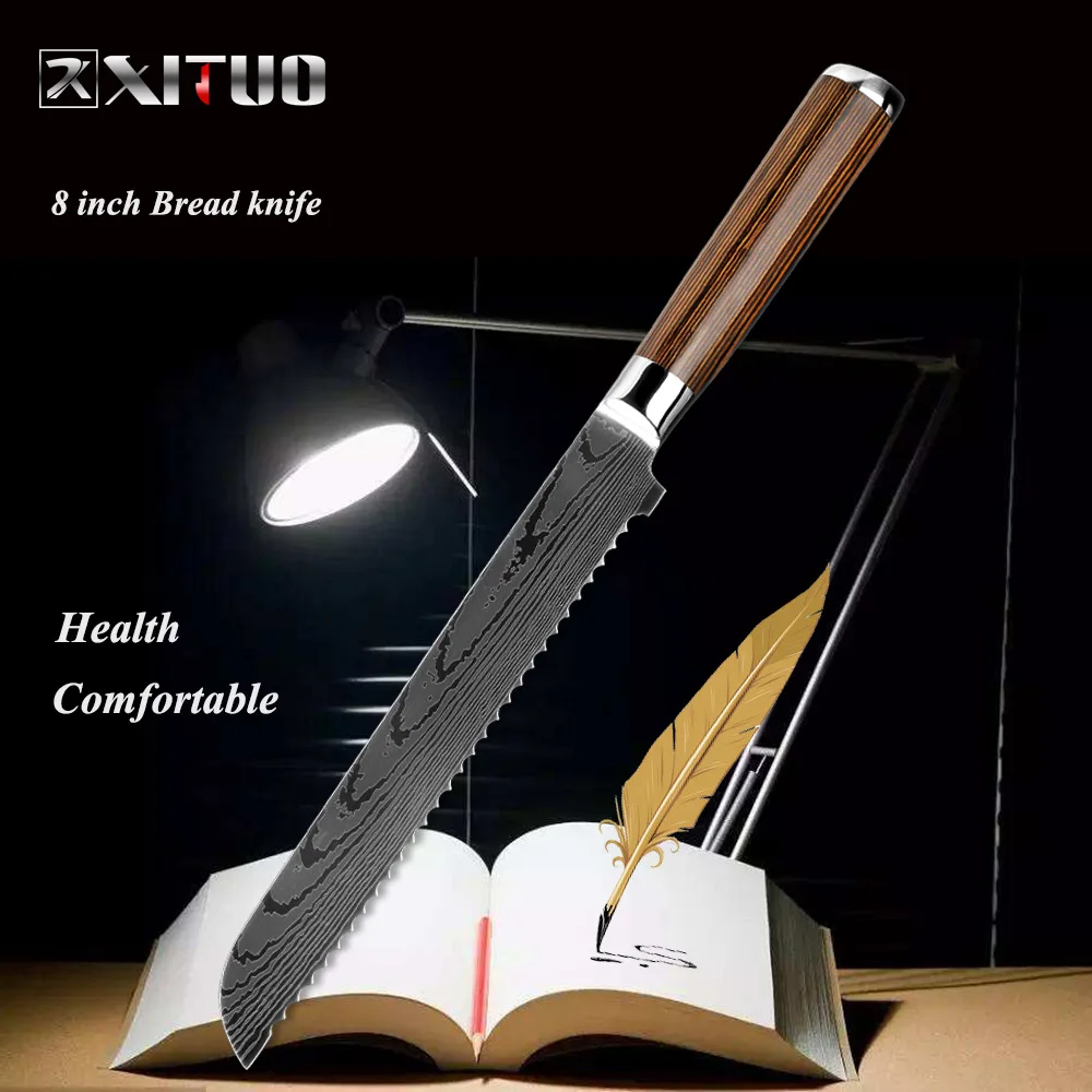 8 in bread knife XITUO кухонный набор ножей для повара из нержавеющей стали японский нож сантоку дамасский узор ломтик Meatsushi нож кухонный нож - Цвет: 8 in bread knife